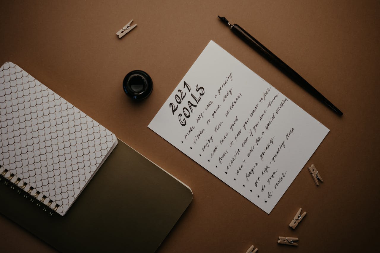 Stylish flat lay of a 2021 goals list with stationery on a brown background.